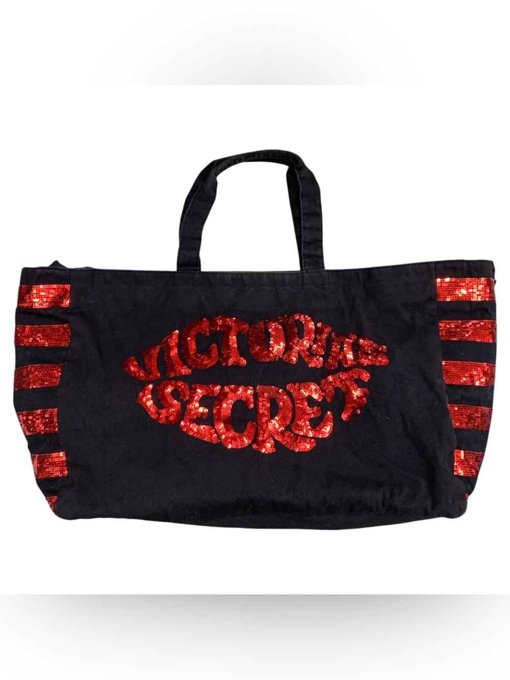 Victoria's Secret Black Tote with Red Sequin Logo and Stripe Accents